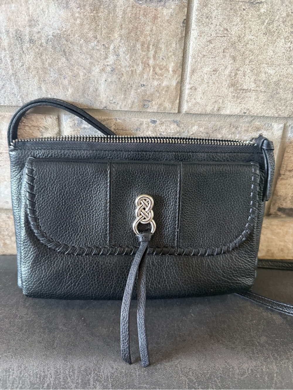 Brighton Black Leather Crossbody Bag with Decorative Knot Accent